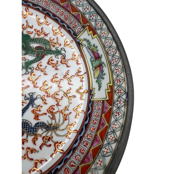 Hand-Painted Japanese Dragon Porcelain Bowl 9.5″ Pewter Encased Hong Kong Art - Picture 5 of 6